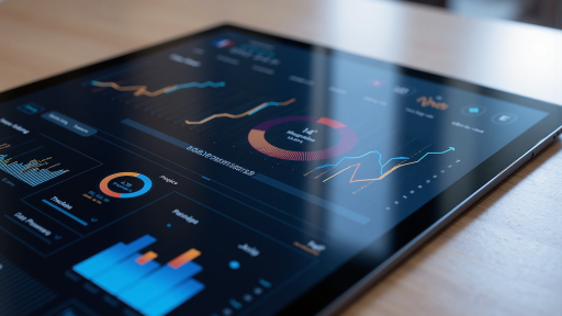 数据分析仪表板界面，包含多个图表和数据表格，深色主题设计